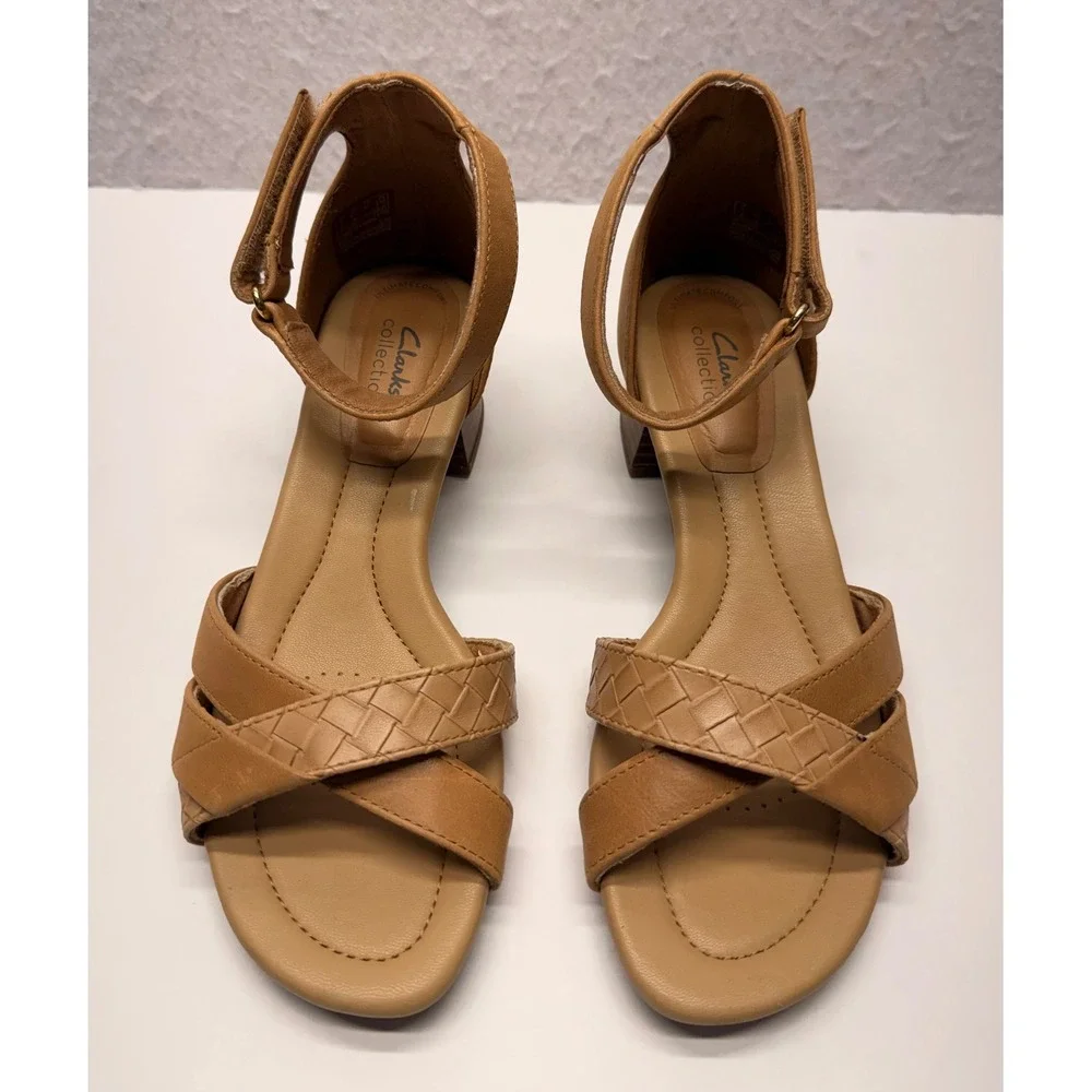 Clarks Collection Tan Woven Ankle Strap Block Heel Sandals 6.5W 261711735040